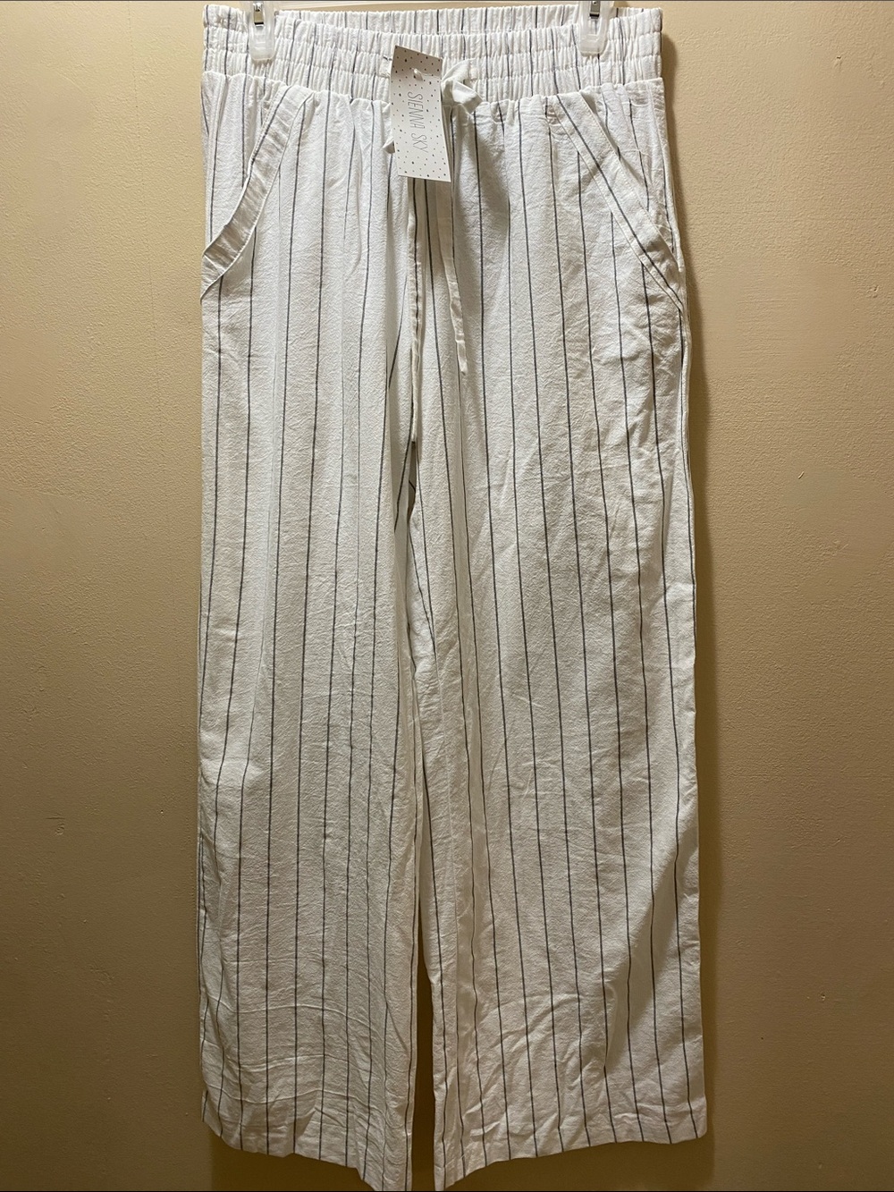 Sienna Sky White Pinstripe Wide Leg Cotton Pants with Drawstring-Large NWT Cozy